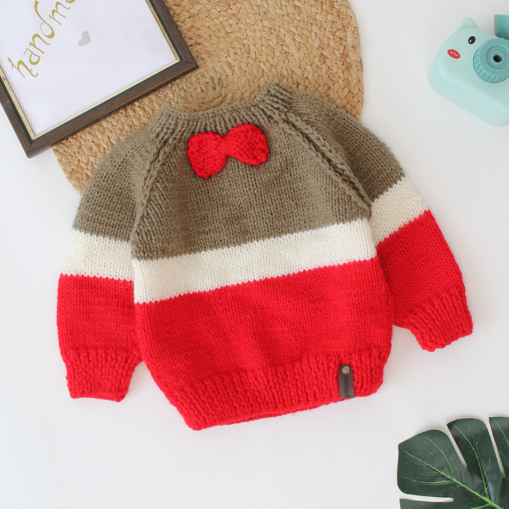 Light Brown,White,Red Colored With Bow At The Center Color Block Sweater.